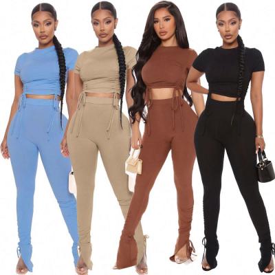 China Anti-pilling AVRIL Solid Color Crop Top Long Pants Split Drawstring Clothing Women Pants Two Piece Set for sale