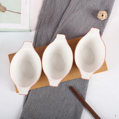 China Supplying Ceramic Appetizer Snack Snacks Wholesale Viable Party Nut Portion Sauce Oval Flat Plate Serving Bowl With Wood Tray for sale