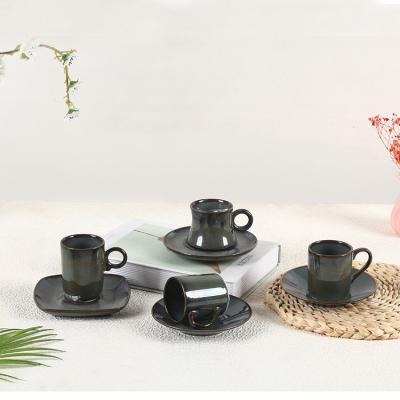 China Viable Vintage 90CC Home Office Goods Reactive Color Glazed Milk Tea Cup Ceramic Coffee Cup And Saucer for sale