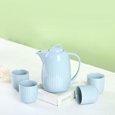 China Viable 5 PCS Dusty Blue Glazed Custom Stripe Embossed Home Wedding Gift Milk Cup Drinkware Tea Cup Sets for sale