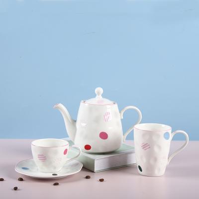 China Viable Modern Unique Ceramic Cup Mug Chinese Teapot Decals Shape Teapot Set With Pink Rim for sale