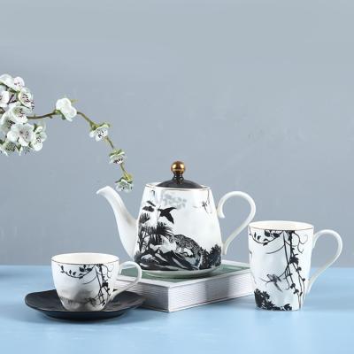 China China Viable Suppliers Luxury Custom Ink Painting Decal Cup Sets Ceramic Tea Cup And Saucer Set For Coffee And Tea for sale