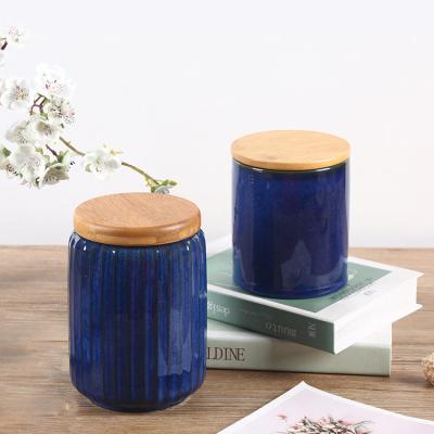 China High Quality High Quality Dark Blue Reactive Glazed Tea Canister Sets For Kitchen Storage With Airtight Seal Wooden Lid for sale