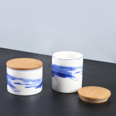 China New Design High Quality Logo Kitchen Food Storage Jar Custom Made Sugar Tea Coffee Canisters Set Ceramic Airtight With Wooden Lid for sale