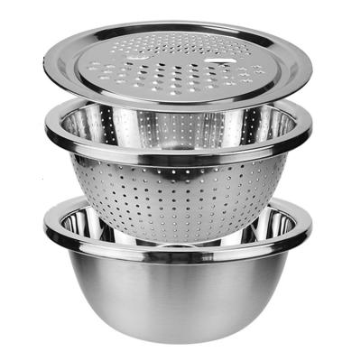 China Steamable Stainless Steel Grater Colander Stackable Bowl Set 3/6 Kitchen Food Sieve Mixing Bowl For Vegetable Fruit Pasta Rice for sale