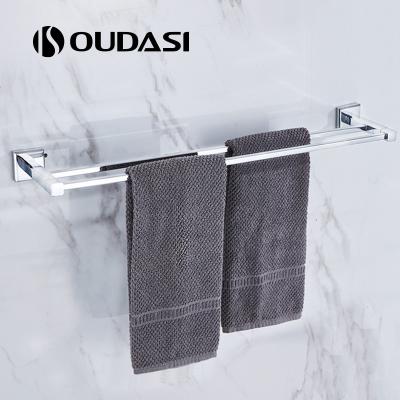 China Fashion Bathroom High Quality Wall Mounted Brass Accessories Double Towel Rack Square Ring Holder Set for sale