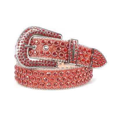 China PU (more > > please contact us) Custom Designer Western Cowboy Diamond Cowgirls Belt Studded Red Glitter Leather Rhinestone Belt for sale