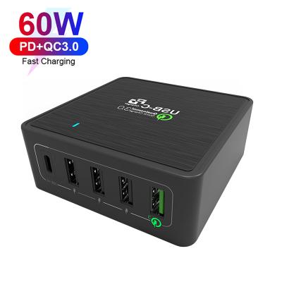 China Portable Mobile Phone USB Charger 60W USB C PD Smart Fast Charger Support Quick Charge 3.0 5 Ports for sale