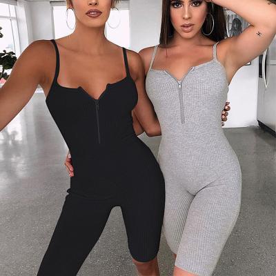 China Breathable Women Zipper Front Knit Rib Cotton Jumpsuit Pajamas Sleeveless Romper Ribbed Adult Onesie for sale