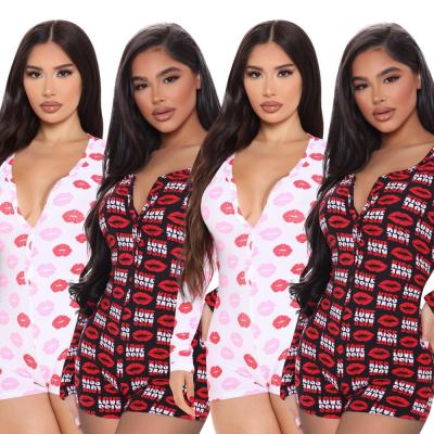 China 2021 New Arrival QUICK DRY Ladies Love Lip Onesie Romper Women Sleepwear Long Sleeve Pluse Size Valentine Onesie for sale