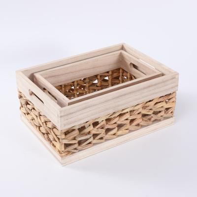 China Sustainable Wooden Storage Basket With Woven Water Hyacinth Gift Storage Basket for sale