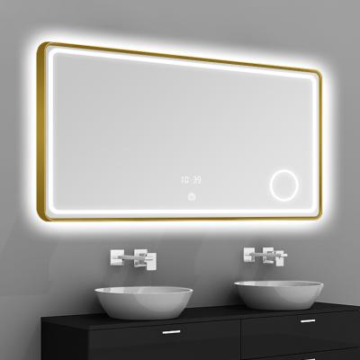 China Rectangle Magnifying Makeup Mirror With Led Lights Bathroom Wall Mirror With Gold Frame Feeling Bathroom Mirror for sale