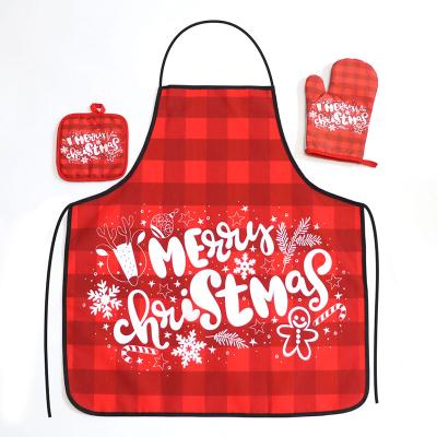 China Solid Christmas Kitchen Set Of 3 Cheap Printed Oven Gloves Oven Mitt Pack Set Chef Apron And Oven Mitts for sale