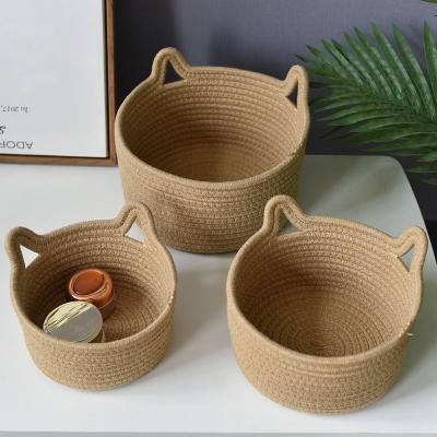 China Sustainable Set Of Three Bedroom Bathroom Home Storage Cartoon Cute Hand Woven Cotton Rope Storage Basket for sale