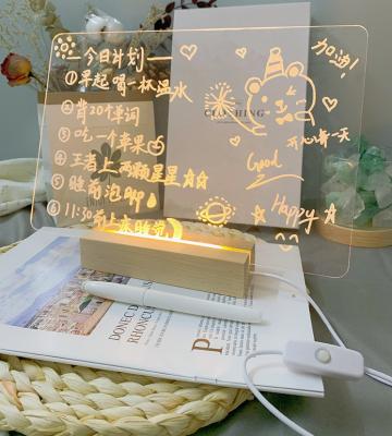 China Modern Warm Indoor Led Transparent Acrylic Night Light USB INS Clear Acrylic Message Board With Erasable Pen Battery Powered Wood Stand for sale