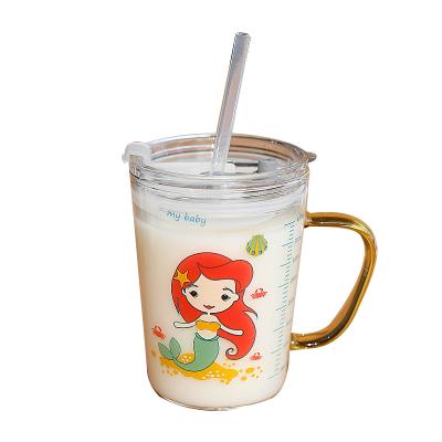 China Sustainable Borosilicate Glass Milk Cup With Measure Logo Milk And Coffee Cup Made To Order With Straw And Lid for sale