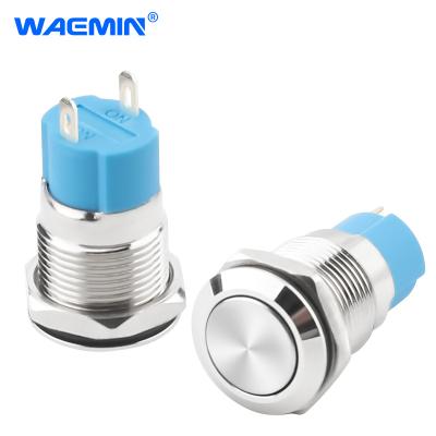 China Control Factory Industrial Supply Switch Latching Self Lock IP65 Waterproof No 1NO 3A 12V 24V 12MM Lightweight Flat Head Metal Push Button Switch for sale