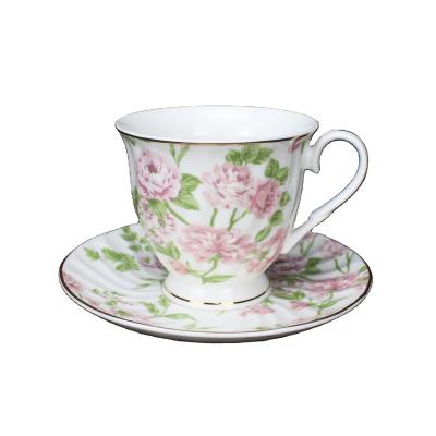 China Viable Colorful Flower 260ml Decal Tea Set Coffee Cup And Saucer Set for sale