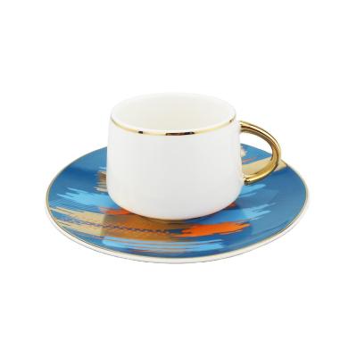 China Sustainable Ceramic 3oz Pink And Blue Coffee Cup Set For Madame Coffee Drinks Porcelain Cappuccino Cup And Saucer With Gold Handle for sale