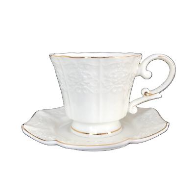 China Sustainable New Bone China 100ml Ceramic Coffee Cups Set Saucer With Gold Line For Home Use for sale