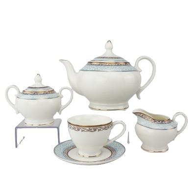 China Gold porcelain pot viable embossed coffee cup 15 pieces European style ceramic tea set for home and hotel for sale