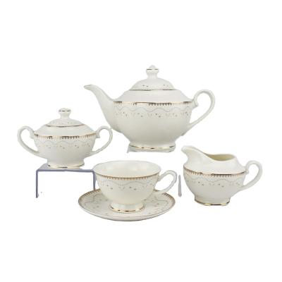 China 1130ml Viable Porcelain Ceramic Tea Cup Set 15pcs Porcelain Coffee Teapot Set With Embossed Decal Use For Gift And Home for sale