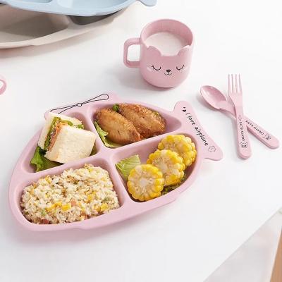 China Baby Products Wheat Straw Fiber Tableware Set Children Feeding Dinnerware Set Kids Tableware with Bowl Dish Cup Cutlery Set for sale