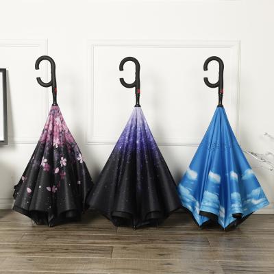 China Minimalist Custom Inside Full Print Double Layer Auto Open Reverse Inverted C To Handle Reverse Umbrella For Car for sale