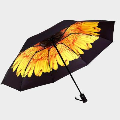 China Traditional Custom Flower Printed 3 Section Colorful Promotional Full Automatic Foldable Reverse Foldable Inverted Umbrellas for sale