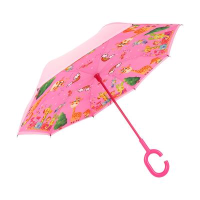 China Minimalist spot color handle cartoon printing c-shaped umbrella children's hand-free reverse umbrella for sale