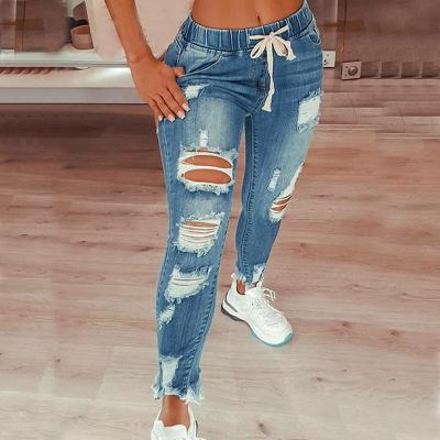 China Breathable Casual Ladies Plus Size Full Length Pencil Pants Drawstring Skinny Jeans For Women Hole Stretch Ripped Jeans for sale