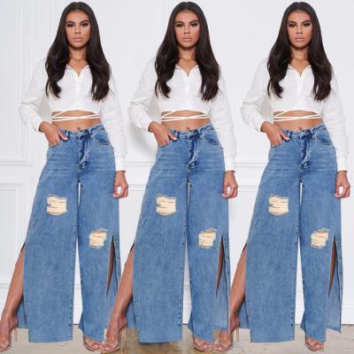 China Fashion Breathable Personality Women's High Waist Split Jeans Wide Leg Pants for sale