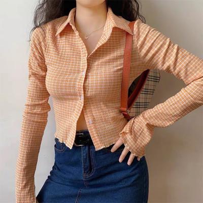 China 2021 autumn new arrival sexy anti-pilling tik fashion styles long sleeves slim crop plaid tik top pleated shirt for women for sale