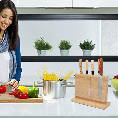 China Home Sustainable Bamboo Wooden Wide Magnetic Knife Block Holder Kitchen Display Shelving Rack for sale