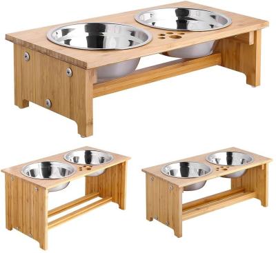 China Sustainable Bamboo Wooden Dog Cat Pet Feeder Stand With Double Stainless Steel Bowls for sale