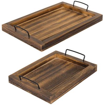 China Sustainable Set of 2 Country Rustic Burnt Wood Tray Rectangular Nesting Serving Trays with Metal Handles for sale