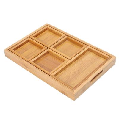 China Sustainable Natural Bamboo Serving Tray With 4 Small Sofa Dishes Coffee Table Sofa And Food Butler for sale