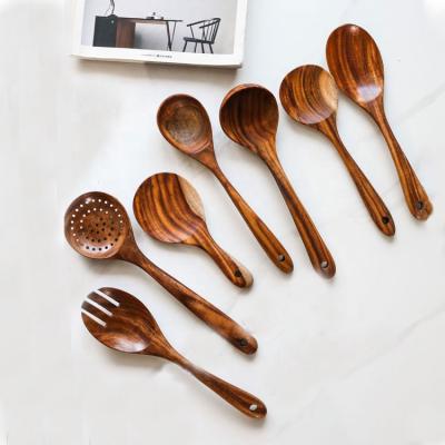 China Sustainable Wood Cookware Kitchen Utensil Set Natural Wood Handle Cooking Tools Turner Tongs Spatula Spoon for sale