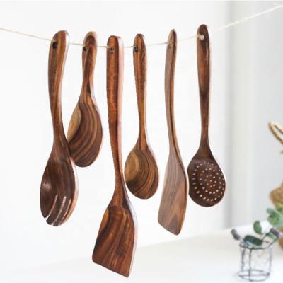 China Viable Wholesale Acacia Wood Kitchen Utensil Set Wooden Accessories Slotted Turner Leaky Spoon Cooking Tool Sets for sale