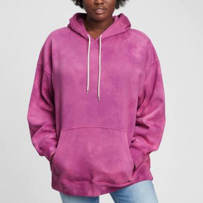 China Custom Anti-wrinkle Women's Tie Dye Plus Size Pullover Hoodie With Drawstrings Oversized Fuchsia Ladies Drop Shoulder Hooded Sweatshirt for sale