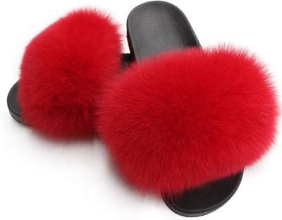 China 100% Fluffy Colorful Fox Logo Raccoon Fur Slipper Lightweight Custom Indoor Unique Hairy Slides Sandal For Women for sale