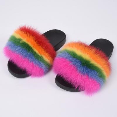 China Slider Fashion Trend Ladies Large Fox Fur Flat Fluffy Fur Sandals Colorful Stripe Slippers for Kids and Women for sale