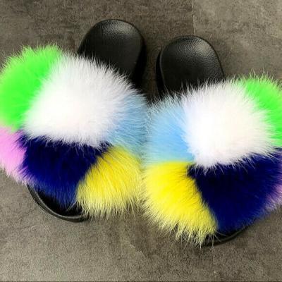 China Lovely fashion trend design real fox raccoon fur slippers fluffy baby fur slide seller for sale