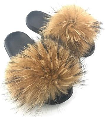 China Fashion Trend Workmanship Good Quality Fur Slides Sandals Slippers Hairy Warm Raccoon Fur Slides for sale