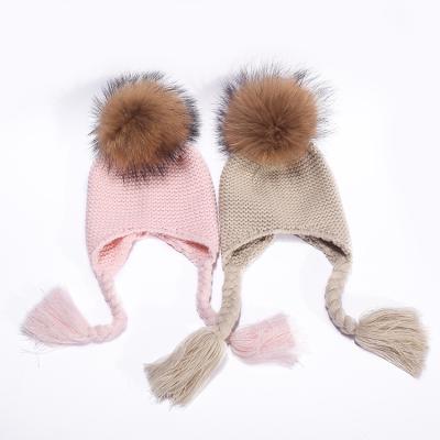 China breathable & Warm Baby Raccoon Fur Pompom Waterproof Hat Knit Skull Cashmere Kid Slouchy Beanies For Kids for sale