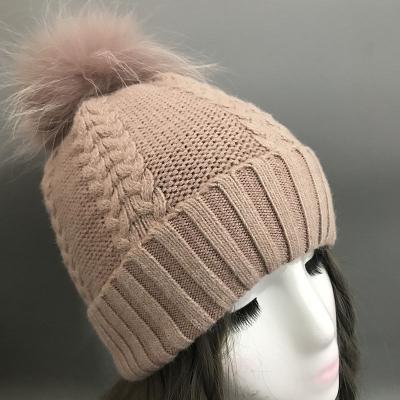 China breathable & Fashion Waterproof Fur Balls For Hat Winter Warm Knitted Women Beanie Hat With Fur Fox Fur Pom Pom Hats for sale