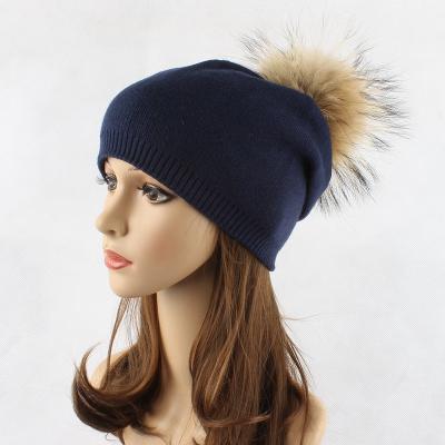 China breathable & Large Waterproof Fur Pom Pom Hat Winter Warm Knit Hats Fashion Angora Knitted Beanie Hat With Raccoon Fur Pompom for sale