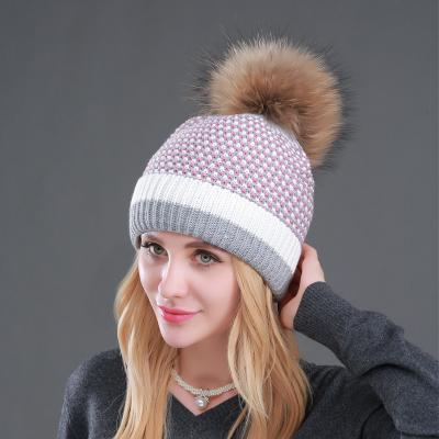 China Fashion Dobby Mommy and Me Color Matched Knitted Hats with Big Raccoon Fur Pompom Thicken Women Kids Winter Warm Beanie Hat for sale