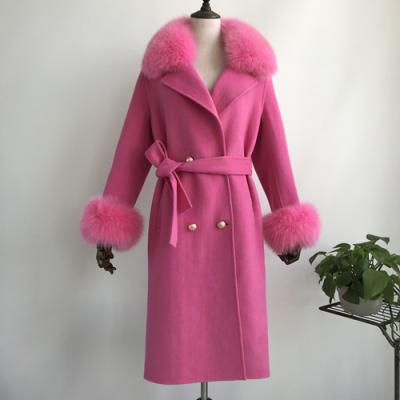 China OEM Service Double Face Cashmere Fur Collar Coat Breathable Solid Winter Women's Long Woolen Ditch Coat Pocket Long Ditch Coat for sale