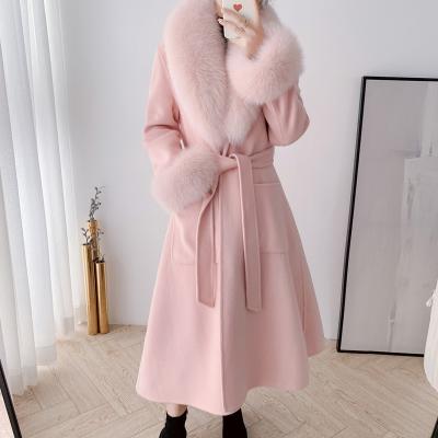 China Luxury Winter Coat Women Woolen Blend Coat Double Face Big Real Fox Fur Collar Long Cashmere Wool Coat Spring Breathable Elegant Woman Wool for sale